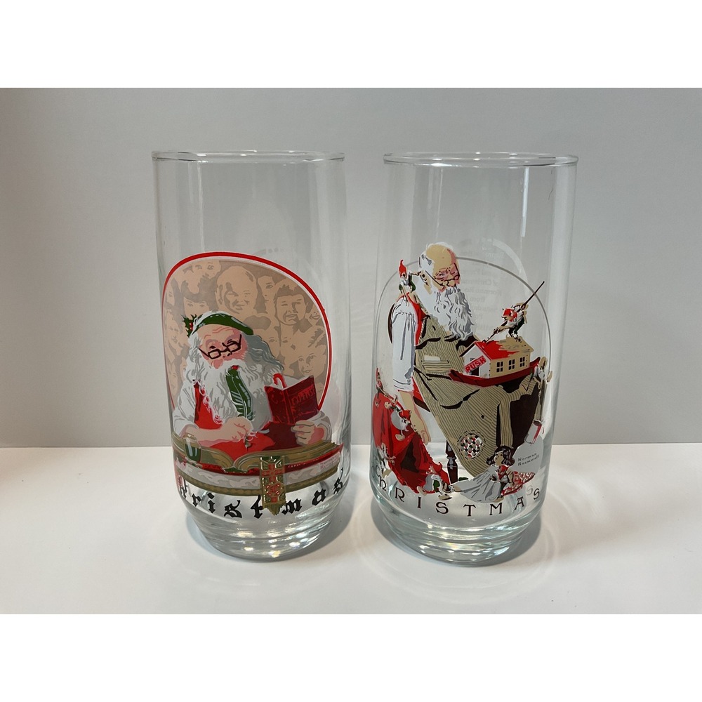 Set of 2 Coca Cola Norman‎ Rockwell Christmas Santa Glasses Vintage